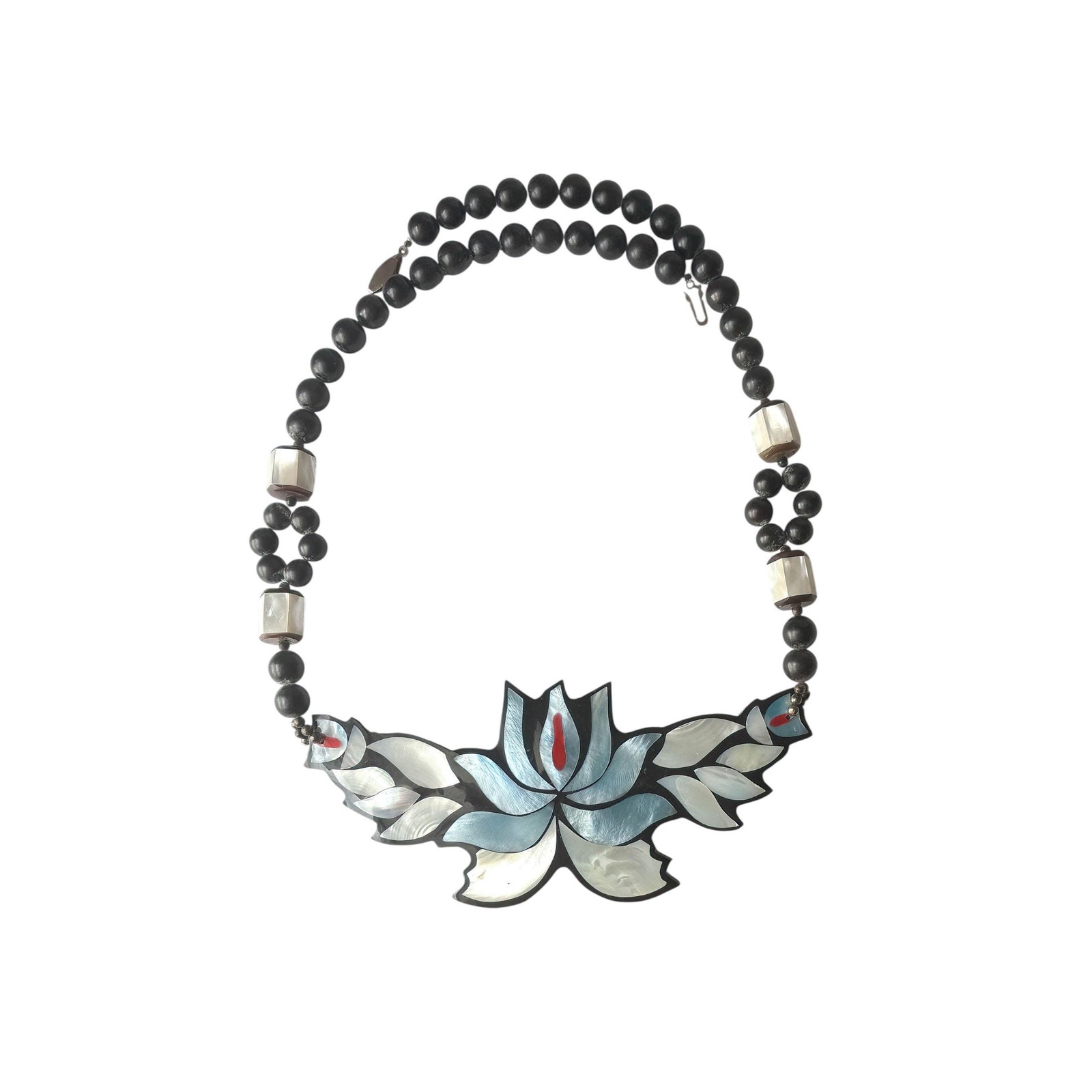 Lee Sands Mosaic Mother Of Pearl Inlay Tropical Lotus 1980s Beaded Necklace 45$